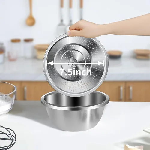 Miniatura 5 de Colador de acero inoxidable 304 de 3 cuartos con tazones para mezclar, colador para alimentos de cocina para lavar verduras, frutas, arroz, apto