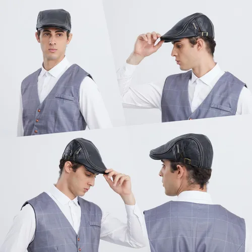 Miniatura 5 de Gorra de hiedra para hombre, sombrero de cuero de PU para hombre, boina ajustable, gorra plana de golf, gorra plana Gatsby, sombrero de pesca