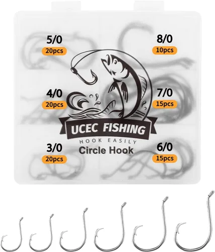 Miniatura 13 de UCEC Anzuelos Circulares Anzuelos de Pesca 2X Fuertes Anzuelos Circulares Descentrados Agua Salada Negro Acero de Alto Carbono Pulpo Bagre Anzuelos