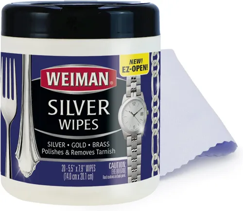 Weiman Toallitas limpiadoras de esmalte de joyas y removedor de deslustre, 20 unidades con paño de pulido, uso en joyas de plata, plata antigua,