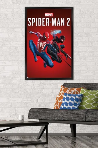 Miniatura 2 de Marvel's Spider-Man 2 - Póster de pared de arte clave, 22.4 pulgadas de largo x 14.7 pulgadas de ancho, versión enmarcada de madera de granero