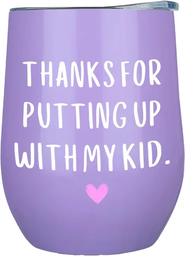 KLUBI Regalos para Proveedores de Cuidado Infantil - Vaso "Thanks For Putting Up With My Kid" de 12oz Taza de Café Morada Regalos para Maestros de