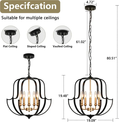 Miniatura 8 de Lámpara de araña negra y dorada de 19" para comedor, lámparas de araña rústicas de granja de 5 luces, luz colgante industrial moderna para cocina