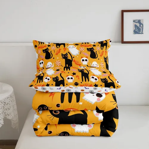Miniatura 6 de Erosebridal Juego de edredón de Halloween para niños, tamaño individual, juego de ropa de cama de calavera de azúcar para decoración de habitación