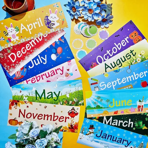 Miniatura 4 de Zonon Conjunto de 48 Piezas de Titulares Mensuales Navideños 12 Meses del Año Encabezados Bordes de Tablón de Anuncios Mensuales de Temporada con 36