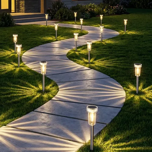 Miniatura 10 de DERAYSION Luces solares para exteriores, paquete de 8 luces impermeables para caminos de jardín, iluminación con poste de acero inoxidable