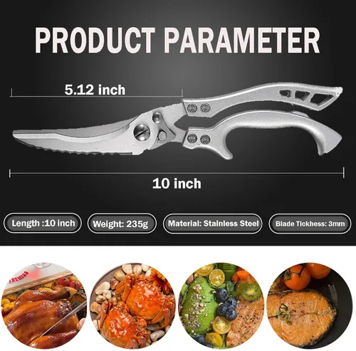 Tijeras para aves de corral, tijeras de cocina resistentes con resorte y borde dentado, tijeras de cocina de acero inoxidable multipropósito ultra