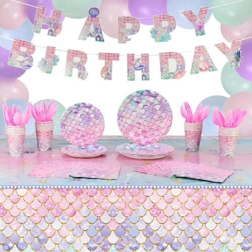 191 piezas de suministros de fiesta temática de sirena, incluyendo plato, servilleta, taza, mantel, pancarta de feliz cumpleaños, globos, cuchillo,