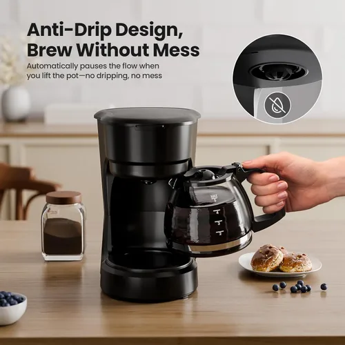 Miniatura 3 de Kismile Cafetera de 5 tazas, cafetera de goteo pequeña de 0.75 L con diseño antigoteo, protección contra quemaduras en seco, embudo de filtro