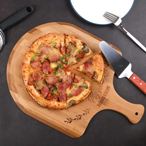 Miniatura 4 de Pala de pizza de bambú prémium de 12 pulgadas con asa, paleta de pizza de madera, tabla de cortar para frutas, verduras, queso, pan (círculo)