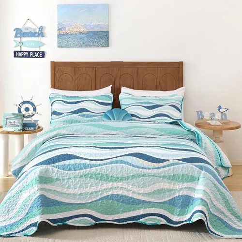 Miniatura 17 de DJY Beach Quilt Set Queen Size,3 Piece Coastal Ocean Summer Bedspread Coverlet Set with 2 Pillow Cases Lightweight Soft Microfiber Nautical Bedding