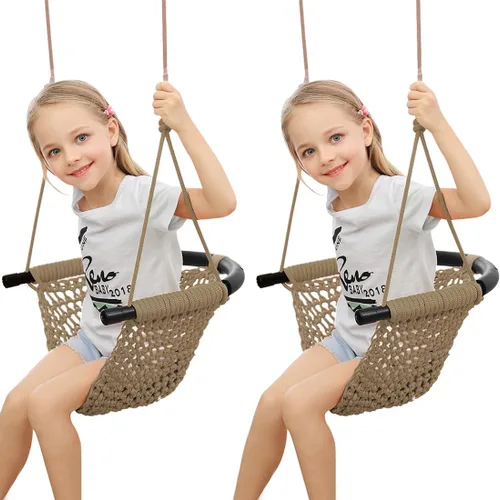Miniatura 7 de Asiento de columpio para niños pequeños tejido a mano para niños con cuerdas ajustables, juego de columpios Little Tikes, para interiores y Gris