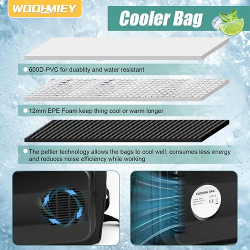 Miniatura 3 de Bolsa térmica eléctrica portátil de 15 L, bolsa de forro impermeable para automóvil, enfriador de viaje termoeléctrico de lado suave con correa