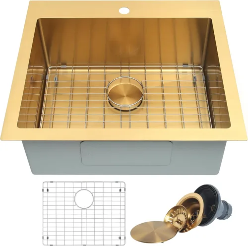 Miniatura 11 de Fregadero de cocina dorado, fregadero de cocina empotrado de 30 x 18 pulgadas, fregadero de acero inoxidable calibre 16 Oro