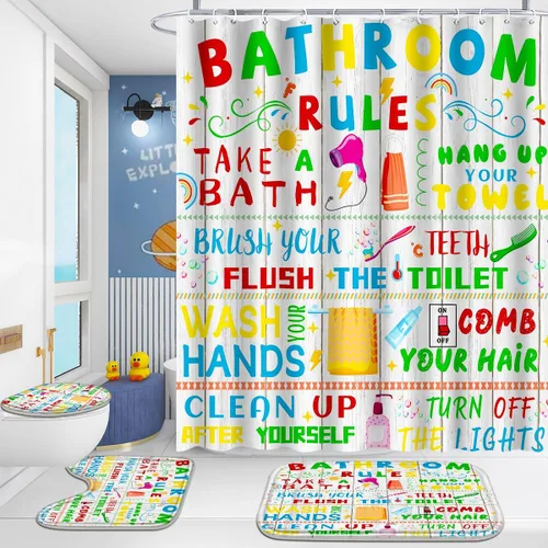 Miniatura 10 de Poedist Juego de 4 cortinas de ducha de baño, juego de baño para niños, juegos de cortinas de ducha espaciales con alfombras