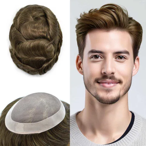 Miniatura 33 de Tupé para hombre, pieza de cabello humano real, monofilamento, tupé para hombres, postizos, unidades de sistema de reemplazo de cabello, gris