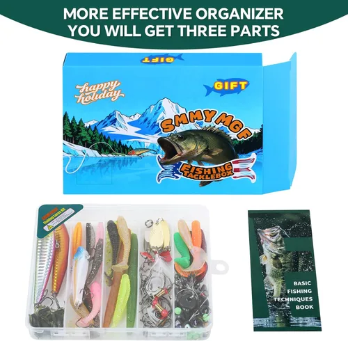 Miniatura 2 de Kit de caja de aparejos de pesca con libro de técnicas de pesca, juego de 142 señuelos que incluye enchufes, cuchara, ganchos y accesorios,