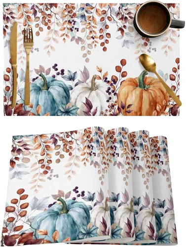 Miniatura 65 de Juego de 4 manteles individuales Boho de otoño, calabazas de acuarela para Acción de Gracias, resistentes al calor, lavables, para mesa, manteles