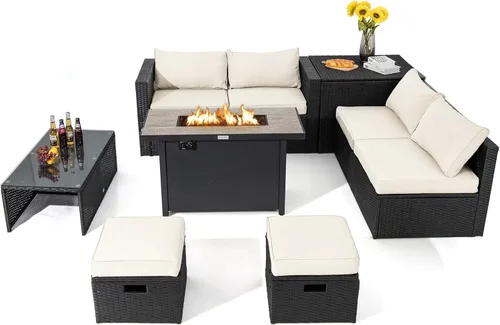 Miniatura 13 de Tangkula Sofá modular de mimbre para exteriores de 9 piezas con mesa de fogata de gas de 42 pulgadas y 60,000 BTU, juego de conversación de patio