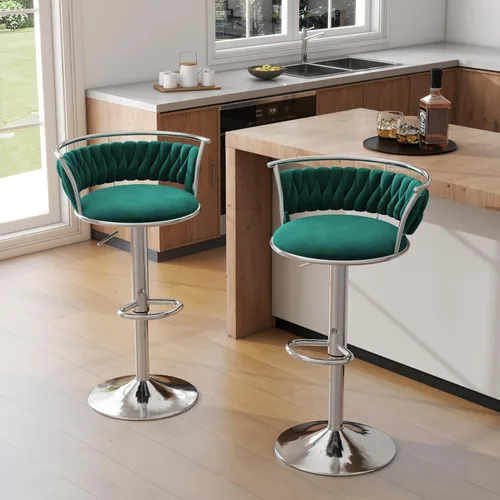 Miniatura 40 de Juego de 2 taburetes de bar giratorios de 360°, silla de bar de terciopelo ajustable a altura de mostrador moderna, taburete de metal plateado