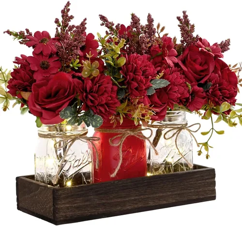 Miniatura 11 de BLEUM CADE Decoración de mesa de centro de mesa, 3 piezas de flores artificiales de hortensias en frascos Mason con bandeja de madera para mesa
