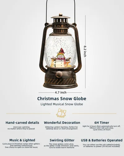 Miniatura 3 de Decoraciones de Navidad para interiores - Globo de nieve musical con temporizador de 6H, escena iluminada de muñeco de nieve, cardenal y ciervo