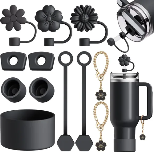 12 piezas compatibles con accesorios de vaso Stanley - 3 tapas de pajita con flores para cubierta de pajita Stanley de 9-10 mm, 1 bota de silicona,