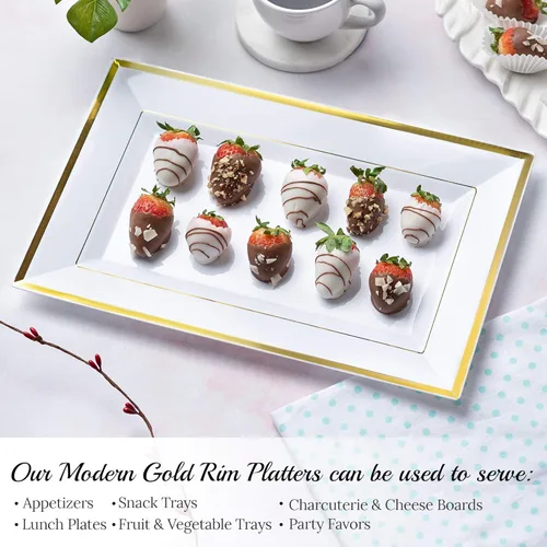 Miniatura 4 de Elegante juego de bandejas y platos de plástico (6 unidades) - Bandejas y platos desechables con borde blanco y dorado para alimentos - Bodas