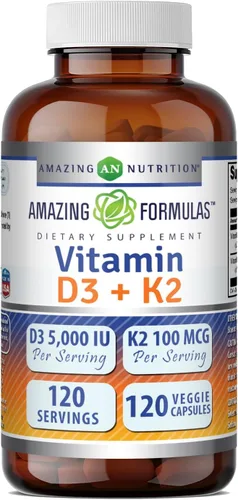 Amazing Formulas Vitamina D3 5000 UI con vitamina K2 100 Mcg | Suplemento de 120 cápsulas vegetales | Sin OMG | Sin gluten | Fabricado en Estados
