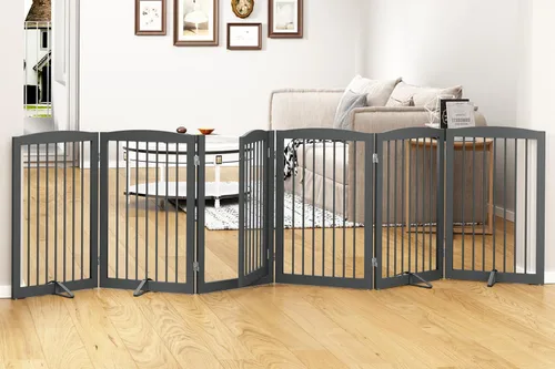 Miniatura 16 de PUPETPO Puertas independientes para mascotas con puerta de paso, valla interior para perros, puerta para perros para la casa, puerta, escaleras, Gris