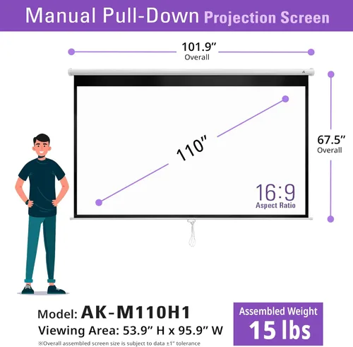 Miniatura 5 de Pantalla de proyector desplegable manual Akia Screens de 110 pulgadas B 16:9 8K 4K HD 3D, montaje en techo y pared, pantalla de proyección portátil