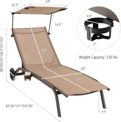 Miniatura 3 de Tangkula Tumbona para patio, reclinable al aire libre con ruedas, toldo ajustable y portavasos, respaldo de 6 niveles, tumbona reclinable de metal