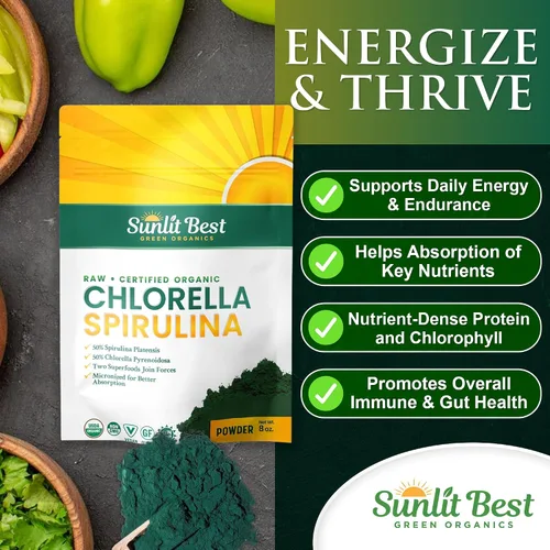 Miniatura 4 de Sunlit Best USDA Organic Chlorella Spirulina en polvo – Fuente 100% cruda y vegana de proteína y clorofila Bebida energética de superalimentos sin