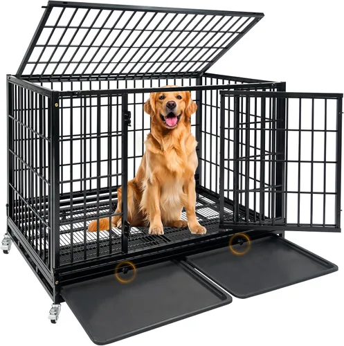 Jaula apilable de 47 pulgadas para perros grandes de alta ansiedad, jaula indestructible a prueba de escapes para interiores con doble puerta,