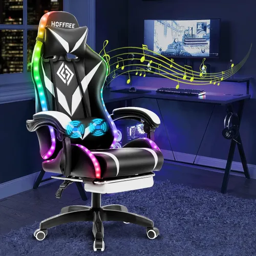 Miniatura 12 de HOFFREE - Silla gamer con masaje, altavoces Bluetooth y luces LED, silla ergonómica para computadora y videojuegos con reposapiés, silla de Azul