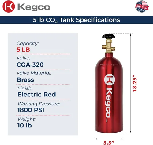 Miniatura 2 de Kegco 3PB5-RED 5 lb. Tanque de aluminio de Co2 con acabado epoxi rojo eléctrico
