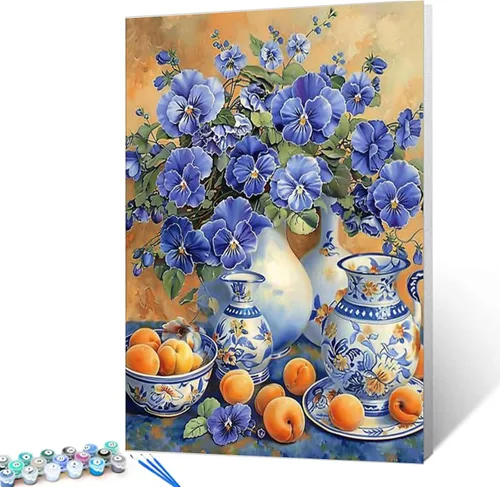 Tucocoo Bumbers - Pintura de flores para adultos principiantes, florero de flores azules, pintura por números, pintura acrílica, lienzo vintage,