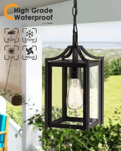 Miniatura 3 de Lámpara Colgante para Exteriores, 14" Luz Colgante Moderna Grande para Porche con Cadena Ajustable, Linterna Colgante Exterior Negra con Vidrio