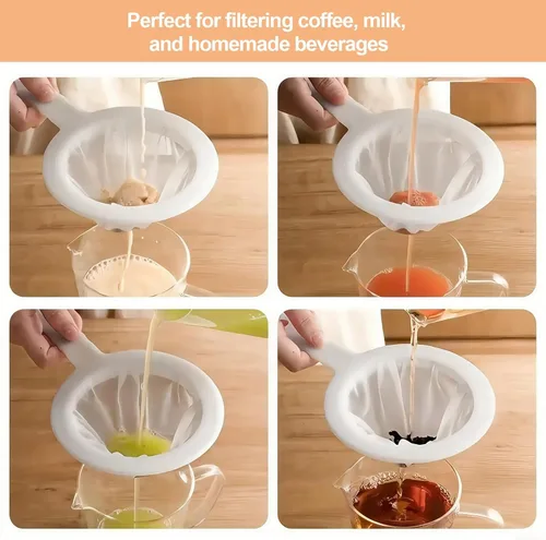 Miniatura 6 de Colador de malla de nailon ultrafino, mini colador de cocina para café, leche, yogur, jugo, mango antideslizante y agujero para colgar
