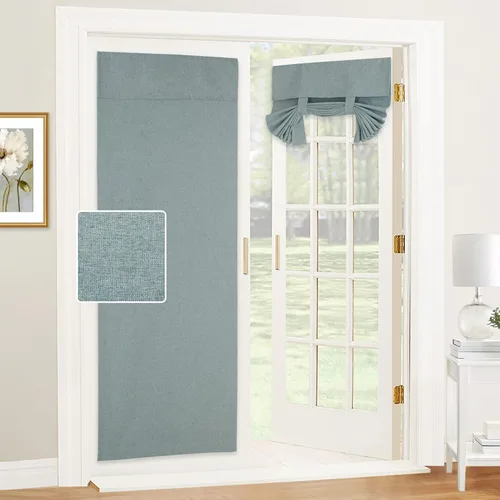 RYB HOME Cortinas de lino natural mezclado para oscurecer la habitación, con aislamiento térmico, Tricia, vidrio, puerta, puerta francesa, 26 Azul