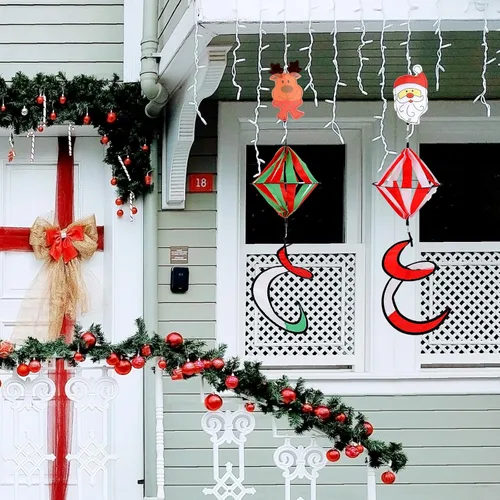 Miniatura 4 de Paquete de 2 molinos de viento rizados, diseño de Papá Noel, muñeco de nieve de Navidad de 40 pulgadas, decoración de molino de viento colgante