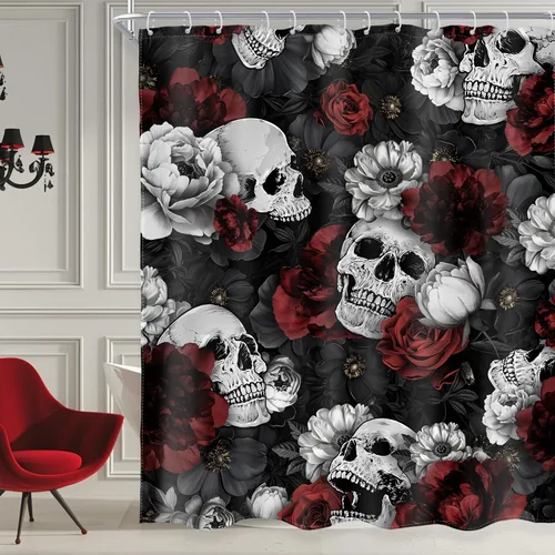 Miniatura 9 de AMBZEK Cortina de ducha con diseño floral de calavera gótica, 60 pulgadas de ancho x 72 pulgadas de largo, para hombre, esqueleto gótico