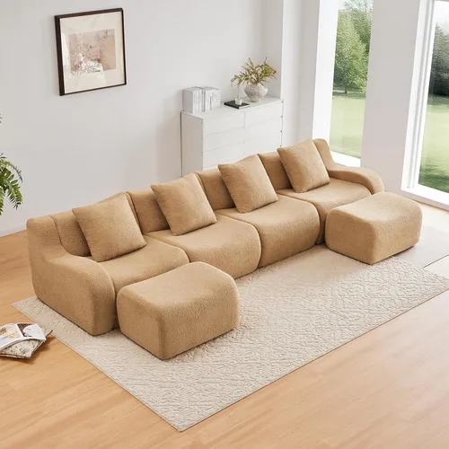 Miniatura 18 de Otomana de tela de peluche negra, moderno reposapiés modular sin hueso en una caja para sala de estar, cómodo diseño de asiento profundo,