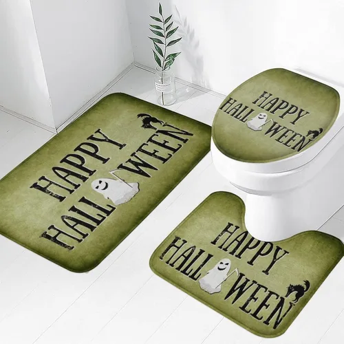 Miniatura 17 de Tapete de baño de 3 piezas de otoño con diseño de calabaza, color azul y verde, hojas de arce, cosecha, decoración de Acción de Gracias, juego
