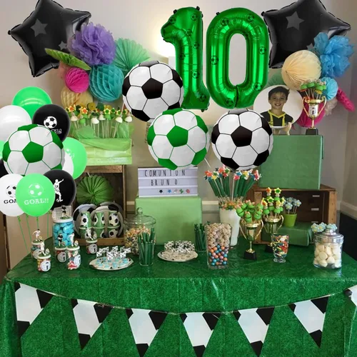 Miniatura 6 de Decoraciones de fiesta de fútbol, globos de papel de aluminio de fútbol, globos de aluminio número 10 para niños fanáticos del fútbol, fiesta