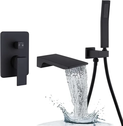 Grifo de llenado de bañera romana con boquilla de cascada montado en la pared, grifo de ducha de bañera de una sola manija con ducha de mano,