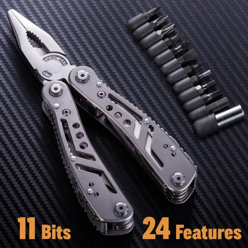 Miniatura 9 de Multiherramienta 24 en 1 con cuchillo, alicates y 11 puntas de acero inoxidable afilado, multiherramienta para hombres, equipo ideal