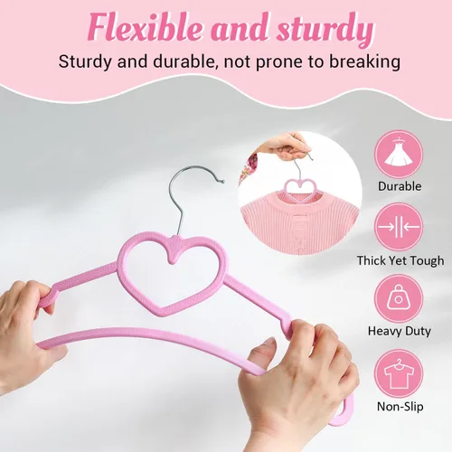Miniatura 4 de Perchas de plástico, paquete de 20 unidades, perchas rosas ultra delgadas que ahorran espacio - Lindas perchas con forma de corazón en rosa, perchas