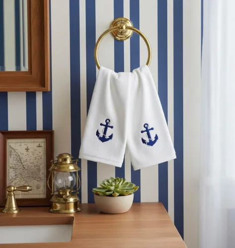 Miniatura 4 de Serafina Home Toallas de baño suaves y absorbentes para huéspedes: ancla azul náutica con diseño costero de cuerda gris plateada, 2 piezas de 12 "x