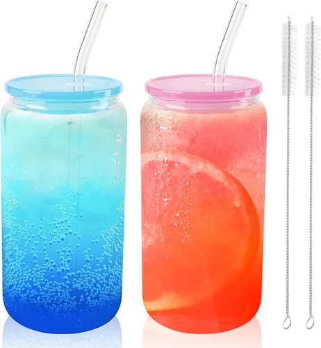 Miniatura 15 de Joyclub 4 vasos de vidrio con tapas y pajitas acrílicas, tazas de café helado de vidrio de 16 onzas con tapas y pajitas, lindos vasos para beber